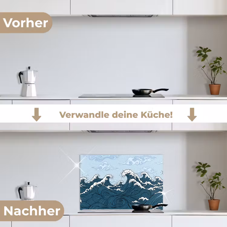 Zee - Golven - Japans - Natuur - Blauw keuken achterwand spatscherm klein -voor_na_DE