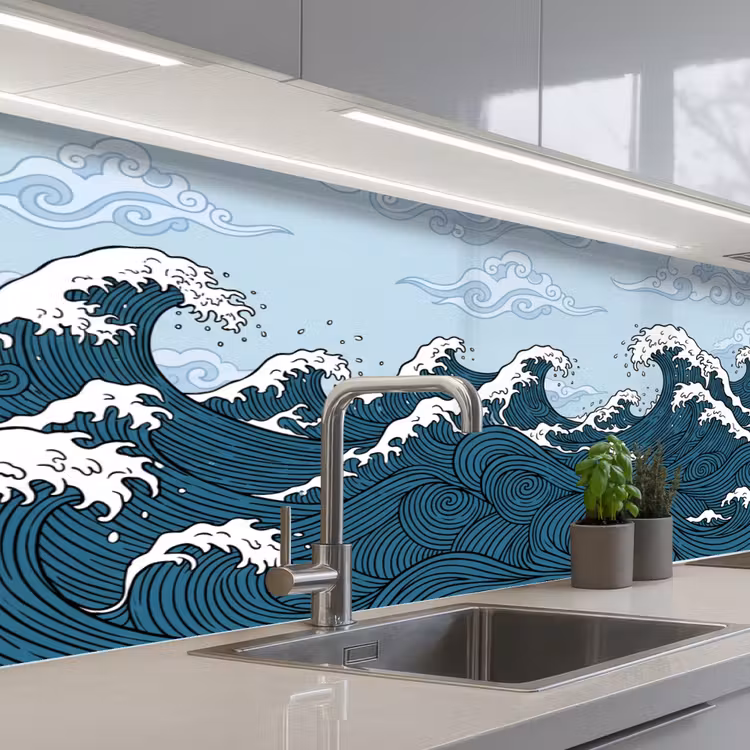 Zee - Golven - Japans - Natuur - Blauw keuken achterwand 2 middel -3d_schuin