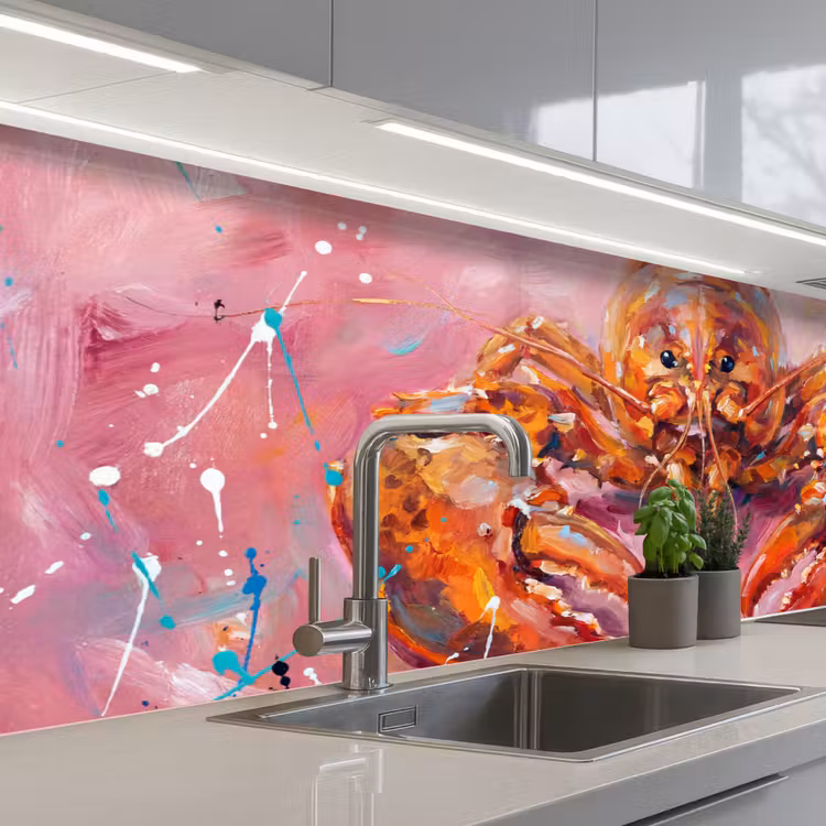 Zeeleven - Kreeft - Spatters - Abstract - Roze keuken achterwand 2 middel -3d_schuin
