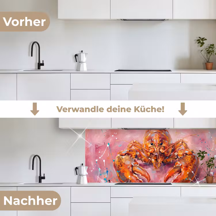 Zeeleven - Kreeft - Spatters - Abstract - Roze keuken achterwand 2 middel -voor-na_DE