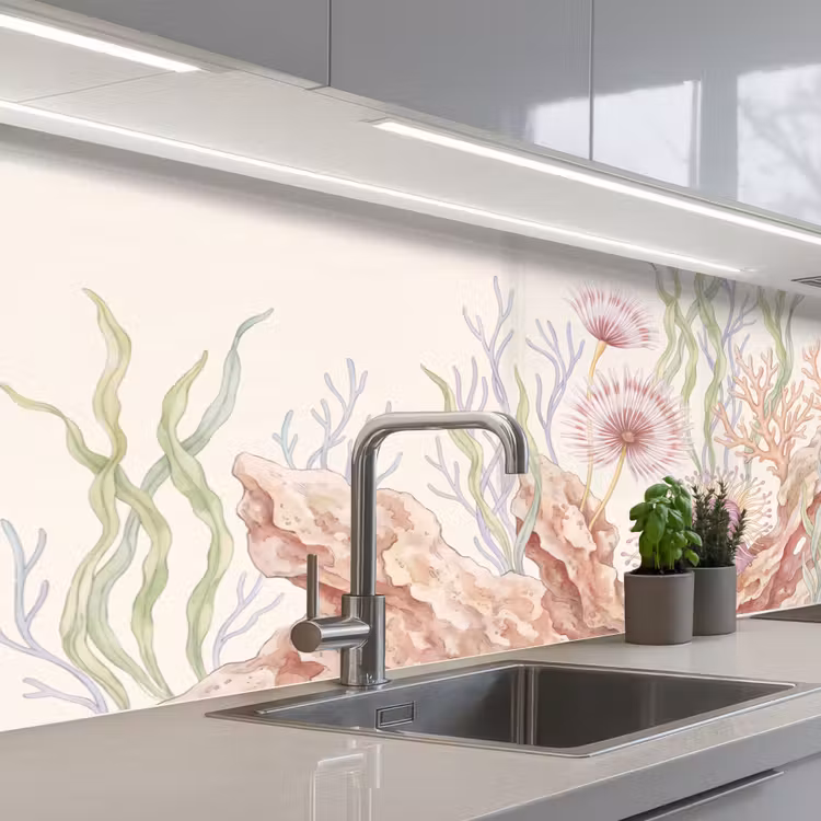 Zeeleven - Koraal - Onderwater - Illustratie - Kleurrijk keuken achterwand 2 middel -3d_schuin