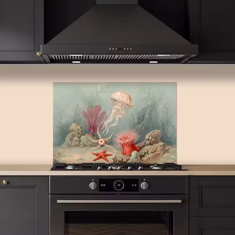 Zeeleven - Kwal - Onderwater - Illustratie - Beige keuken achterwand spatscherm klein -sfeer1