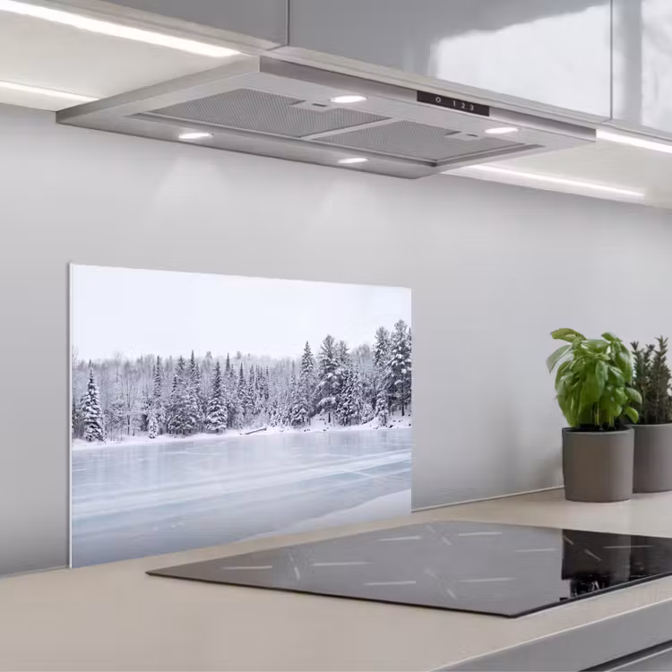 Meer - Dennen - IJs - Winter - Rustgevend keuken achterwand spatscherm klein -3d_schuin