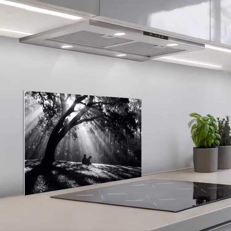 Mens - Hond - Natuur - Zwart-wit - Silhouet keuken achterwand spatscherm klein -3d_schuin