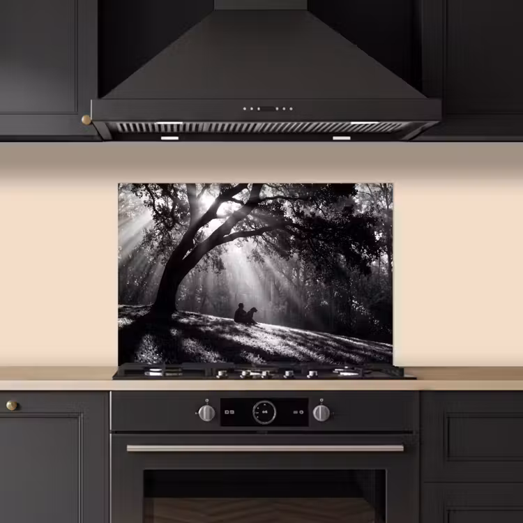 Mens - Hond - Natuur - Zwart-wit - Silhouet keuken achterwand spatscherm klein -sfeer1