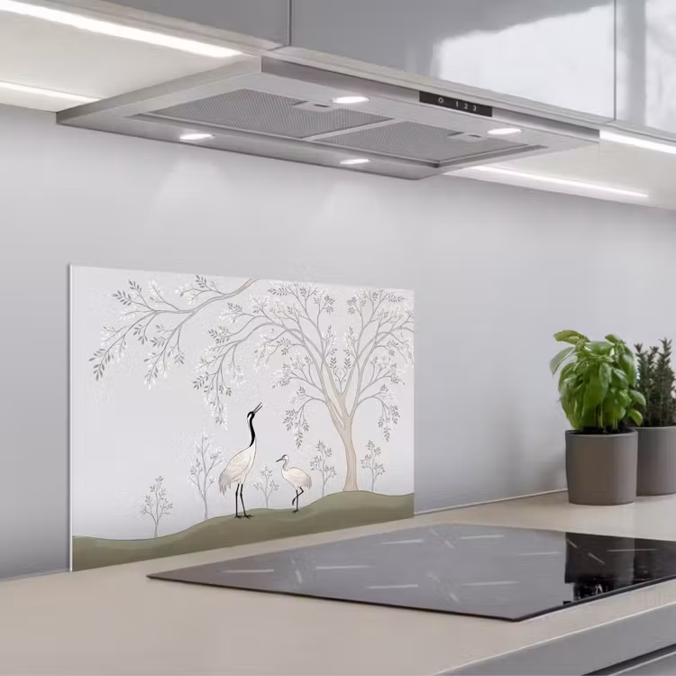 Minimalistisch - Kraanvogels - Blauw keuken achterwand spatscherm klein -3d_schuin