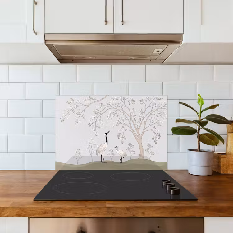 Minimalistisch - Kraanvogels - Blauw keuken achterwand spatscherm klein -sfeer2