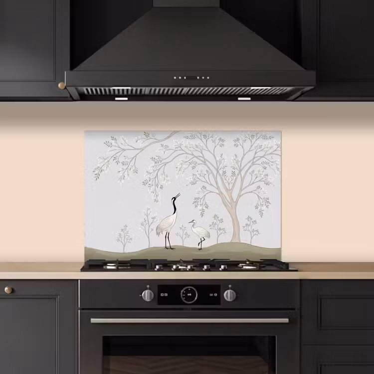 Minimalistisch - Kraanvogels - Blauw keuken achterwand spatscherm klein -sfeer1