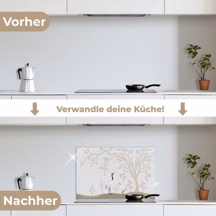 Minimalistisch - Kraanvogels - Blauw keuken achterwand spatscherm klein -voor_na_DE