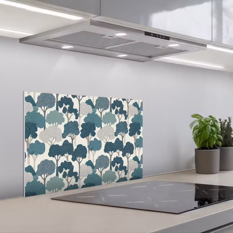 Modern - Bomen - Bos - Patroon - Blauw keuken achterwand spatscherm klein 900 -3d_schuin