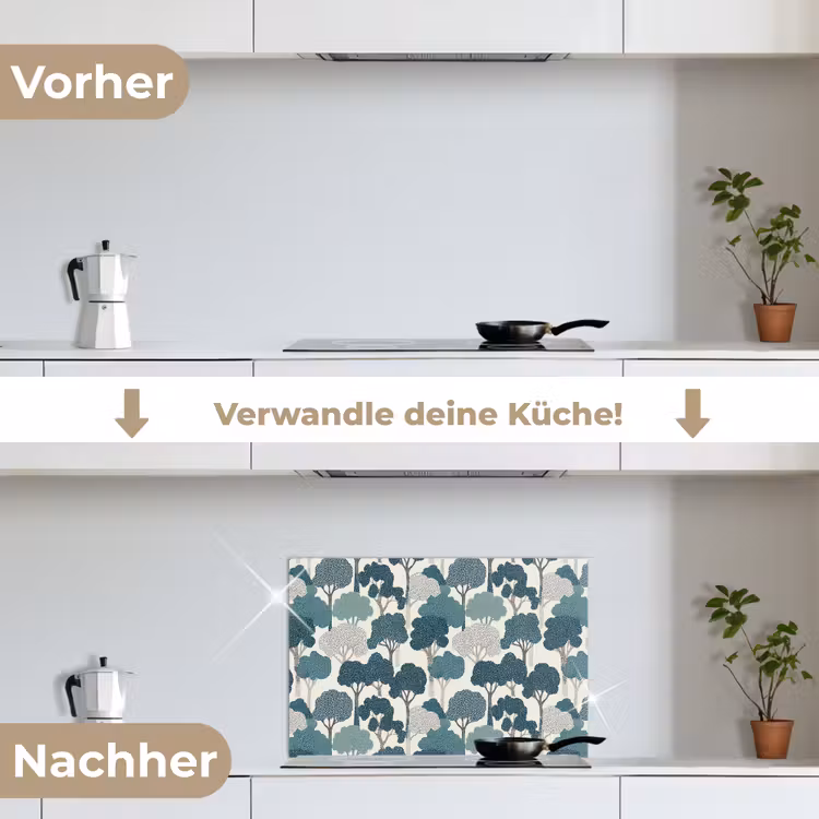 Modern - Bomen - Bos - Patroon - Blauw keuken achterwand spatscherm klein 900 -voor_na_DE