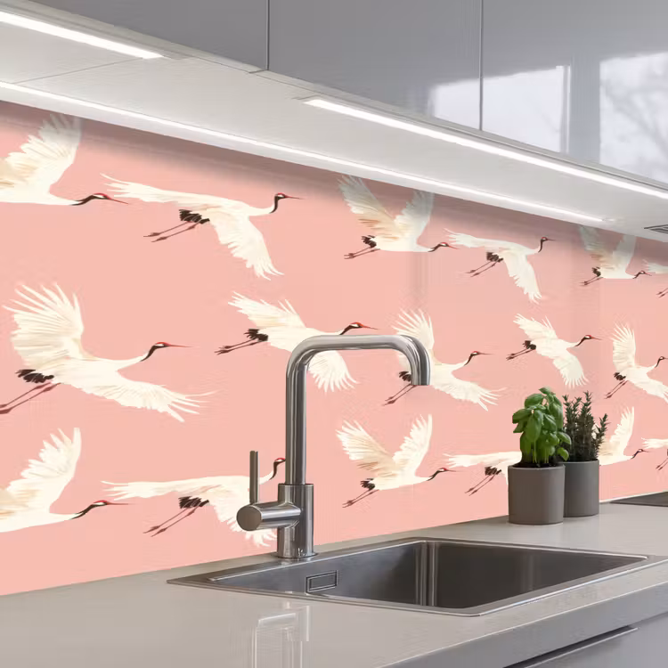 Modern - Kraanvogels - Roze keuken achterwand 2 middel 871 -3d_schuin