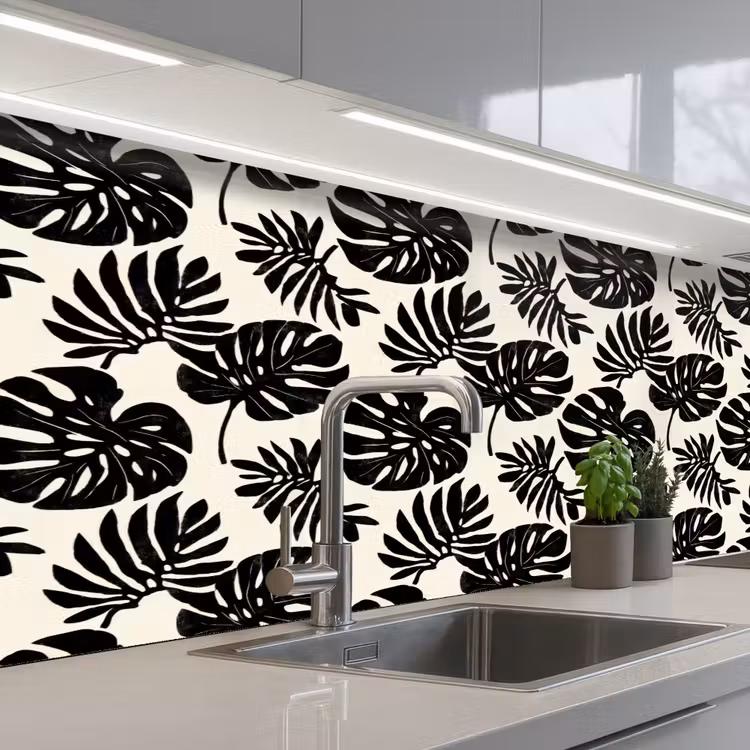 Modern - Monstera - Zwart keuken achterwand 2 middel 871 -3d_schuin