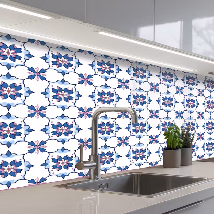 Modern - Patroon - Blauw - Roze keuken achterwand 2 middel 871 -3d_schuin