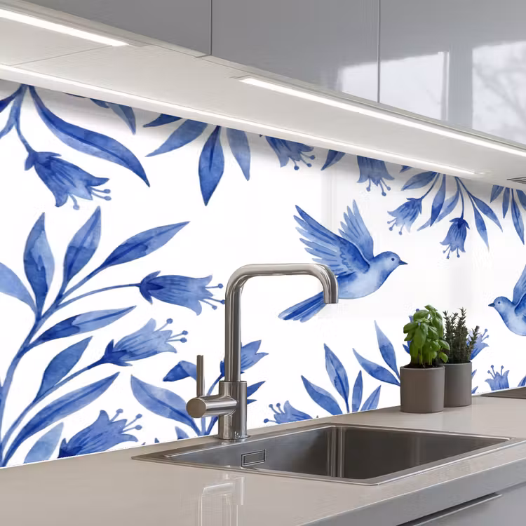 Modern - Vogels - Delfts - Blauw keuken achterwand 2 middel -3d_schuin
