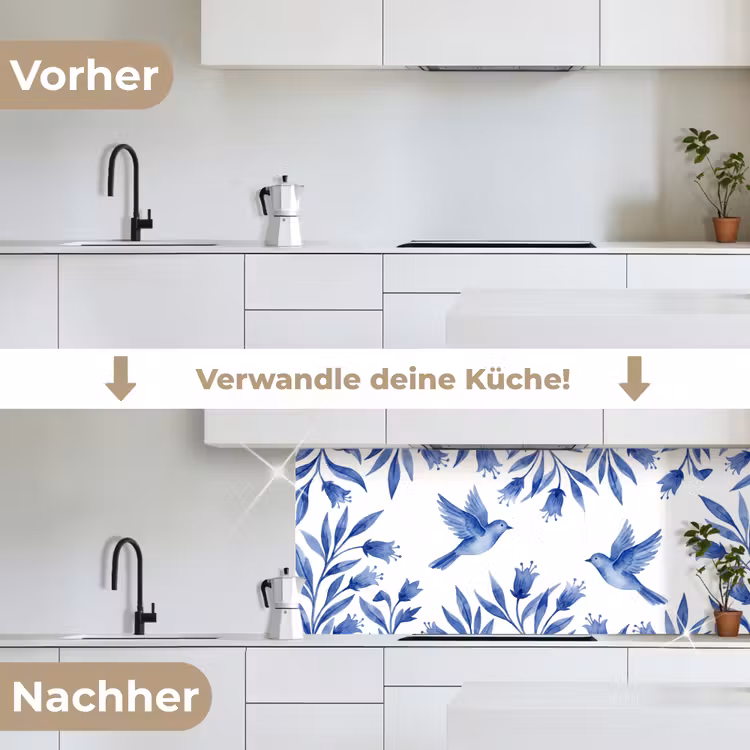 Modern - Vogels - Delfts - Blauw keuken achterwand 2 middel -voor-na_DE