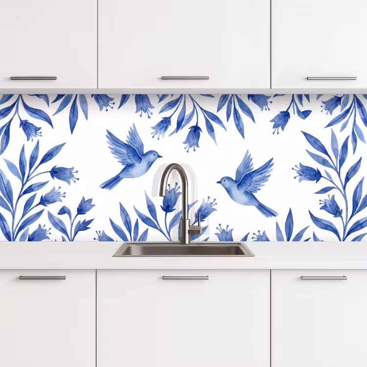 Modern - Vogels - Delfts - Blauw keuken achterwand 2 middel -3d