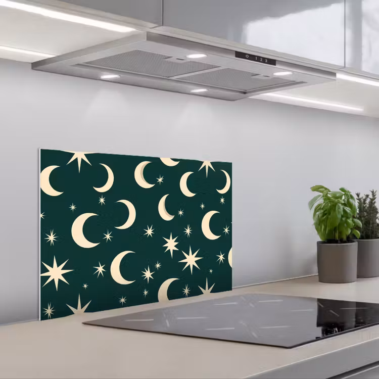 Manen - Sterren - Groen keuken achterwand spatscherm klein 900 -3d_schuin