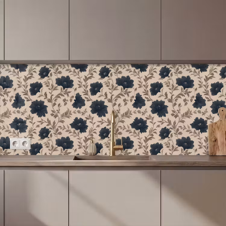 Motief - Bloemen - Zwart - Beige keuken achterwand 2 middel 871 zz_3dshopping