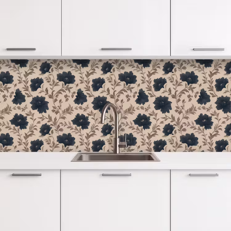 Motief - Bloemen - Zwart - Beige keuken achterwand 2 middel 871 -3d