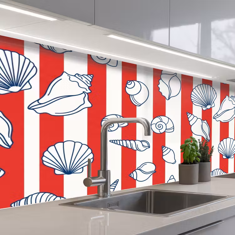 Schelp - Zeedieren - Zomer - Illustratie - Rood - Blauw keuken achterwand 2 middel -3d_schuin