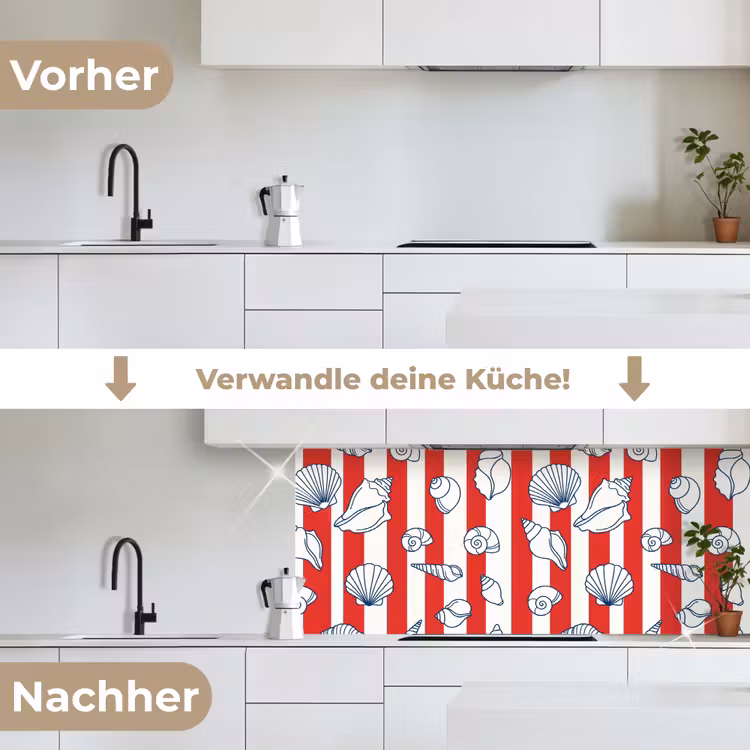 Schelp - Zeedieren - Zomer - Illustratie - Rood - Blauw keuken achterwand 2 middel -voor-na_DE