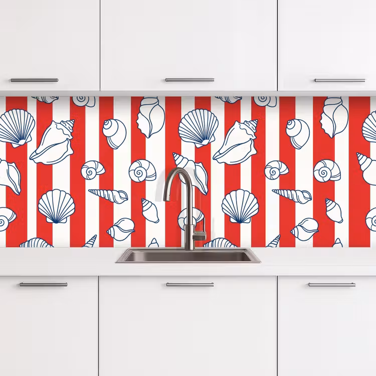 Schelp - Zeedieren - Zomer - Illustratie - Rood - Blauw keuken achterwand 2 middel -3d
