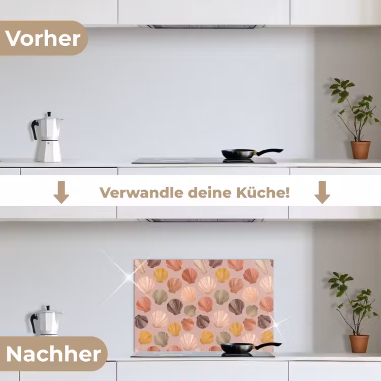 Schelp - Patroon - Zee - Aquarel - Aardetinten keuken achterwand spatscherm klein -voor_na_DE