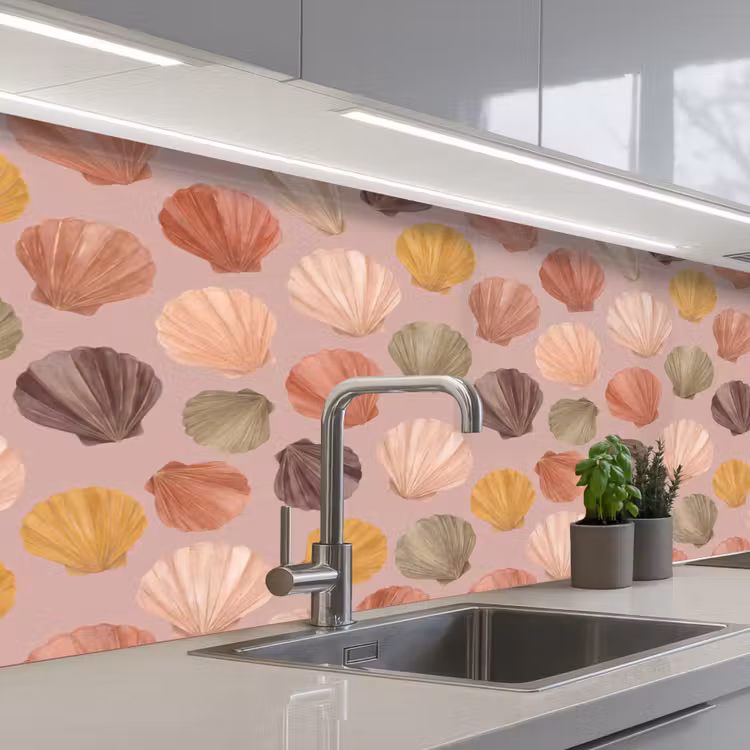 Schelp - Patroon - Zee - Aquarel - Aardetinten keuken achterwand 2 middel -3d_schuin