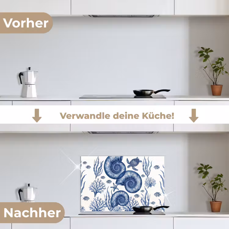 Schelp - Spiraal - Zeeleven - Aquarel - Blauw keuken achterwand spatscherm klein -voor_na_DE