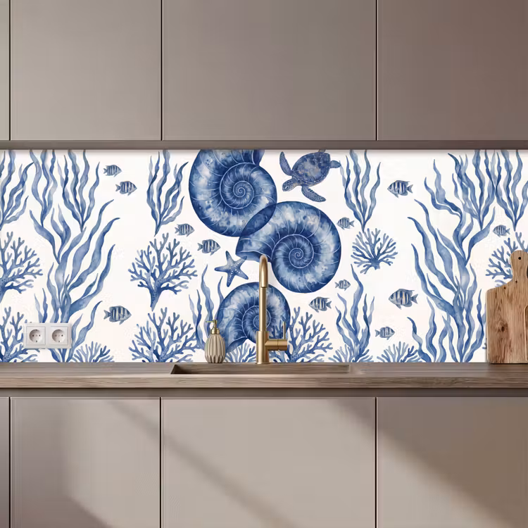 Schelp - Spiraal - Zeeleven - Aquarel - Blauw keuken achterwand 2 middel zz_3dshopping