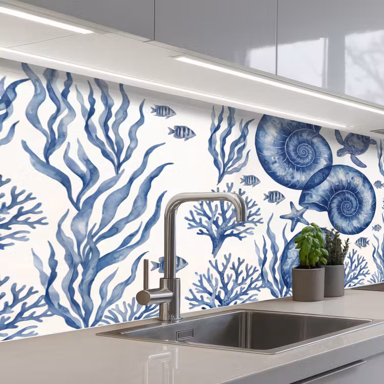 Schelp - Spiraal - Zeeleven - Aquarel - Blauw keuken achterwand 2 middel -3d_schuin