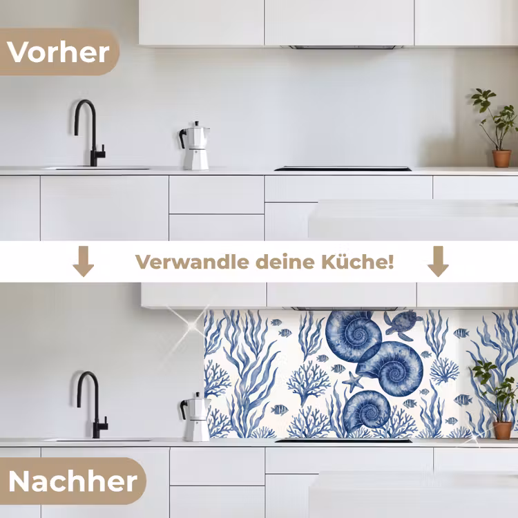 Schelp - Spiraal - Zeeleven - Aquarel - Blauw keuken achterwand 2 middel -voor-na_DE