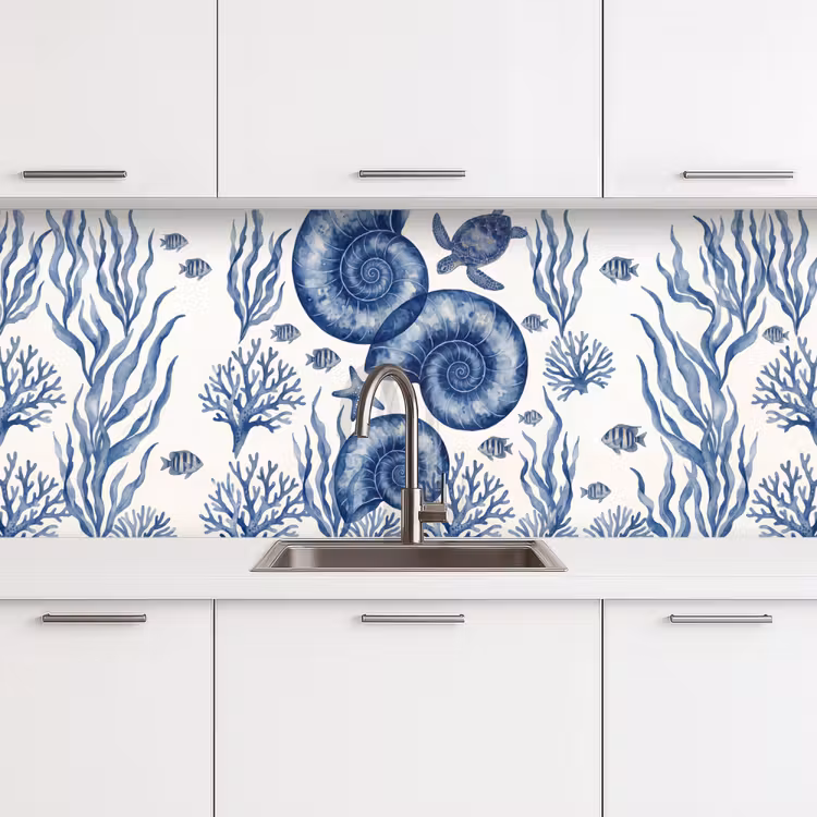 Schelp - Spiraal - Zeeleven - Aquarel - Blauw keuken achterwand 2 middel -3d