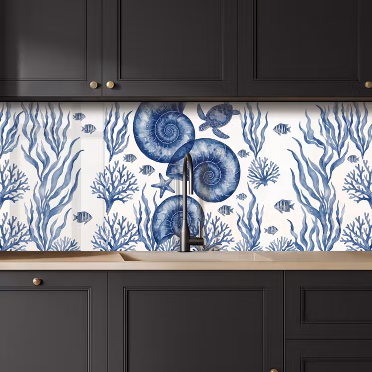 Schelp - Spiraal - Zeeleven - Aquarel - Blauw keuken achterwand 2 middel -sfeer1