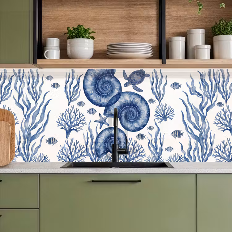 Schelp - Spiraal - Zeeleven - Aquarel - Blauw keuken achterwand 2 middel -sfeer3
