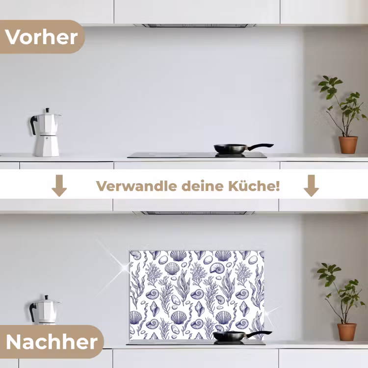 Schelpen - Zeewier - Oceaan - Illustratie - Blauw keuken achterwand spatscherm klein -voor_na_DE