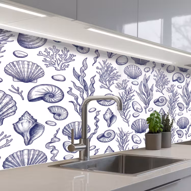 Schelpen - Zeewier - Oceaan - Illustratie - Blauw keuken achterwand 2 middel -3d_schuin