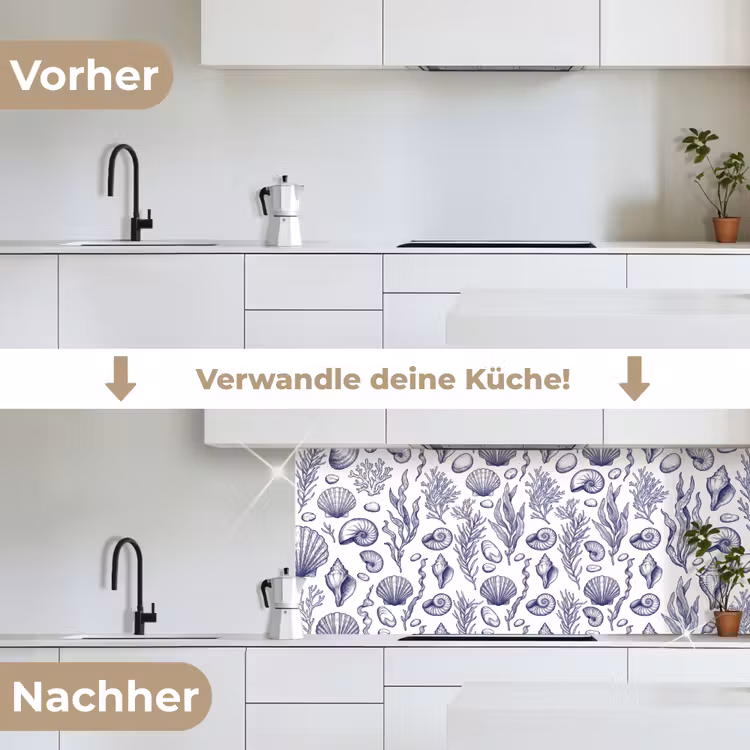 Schelpen - Zeewier - Oceaan - Illustratie - Blauw keuken achterwand 2 middel -voor-na_DE
