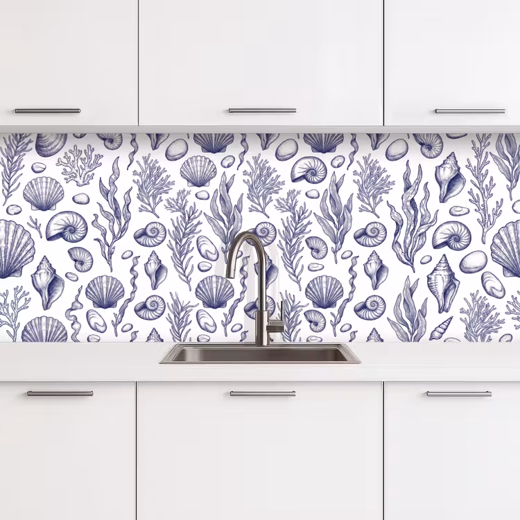 Schelpen - Zeewier - Oceaan - Illustratie - Blauw keuken achterwand 2 middel -3d