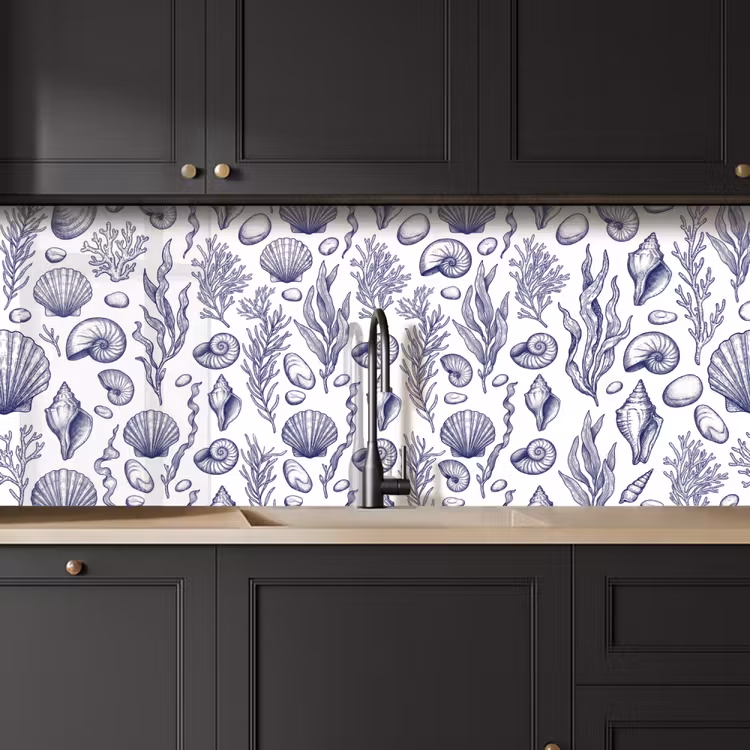 Schelpen - Zeewier - Oceaan - Illustratie - Blauw keuken achterwand 2 middel -sfeer1