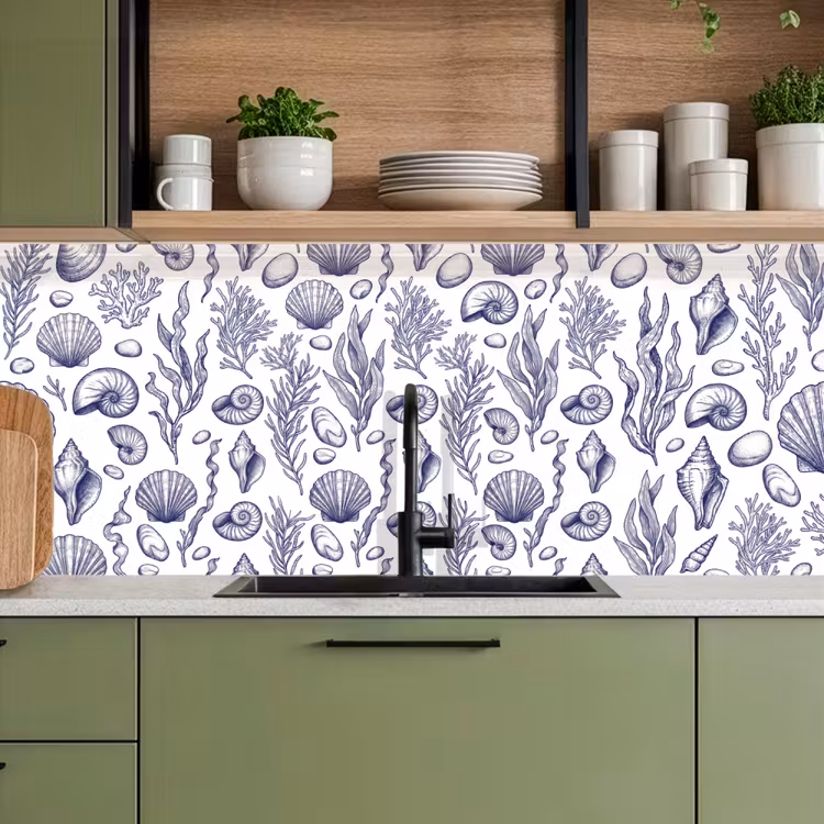 Schelpen - Zeewier - Oceaan - Illustratie - Blauw keuken achterwand 2 middel -sfeer3