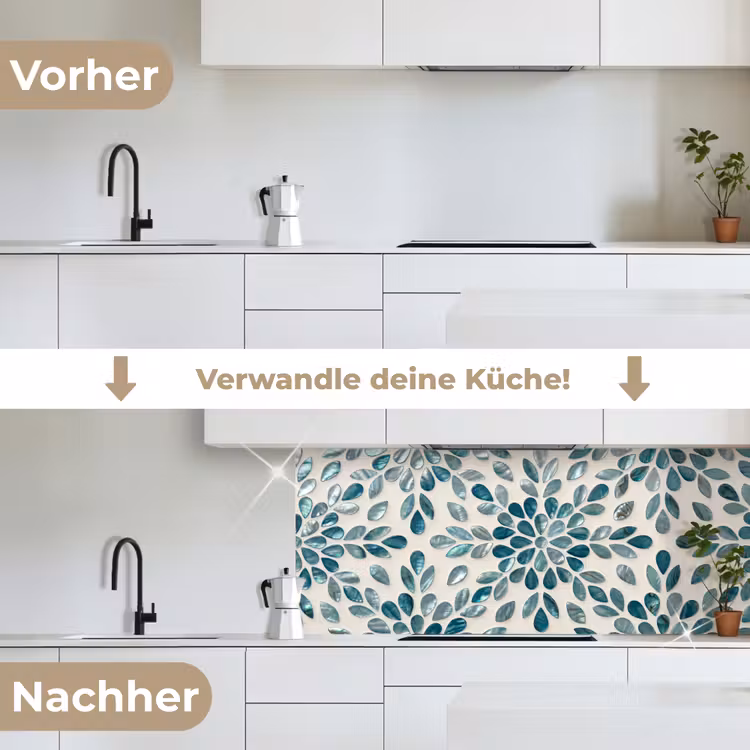 Patroon - Bladeren - Abstract - Modern - Turquoise keuken achterwand 2 middel -voor-na_DE