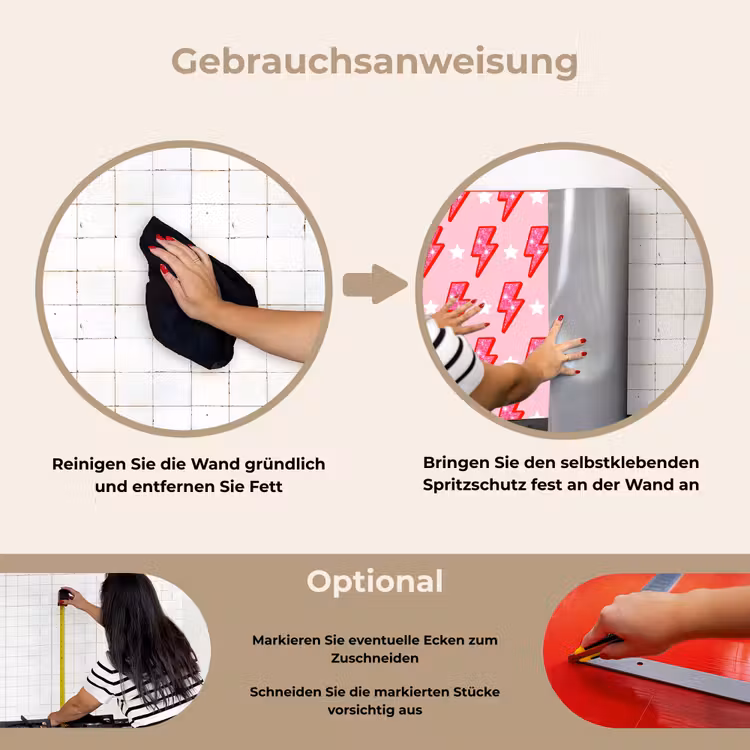 Patroon - Bliksem - Ster - Glitter - Roze keuken achterwand spatscherm klein -gebruiksaanwijzing_DE