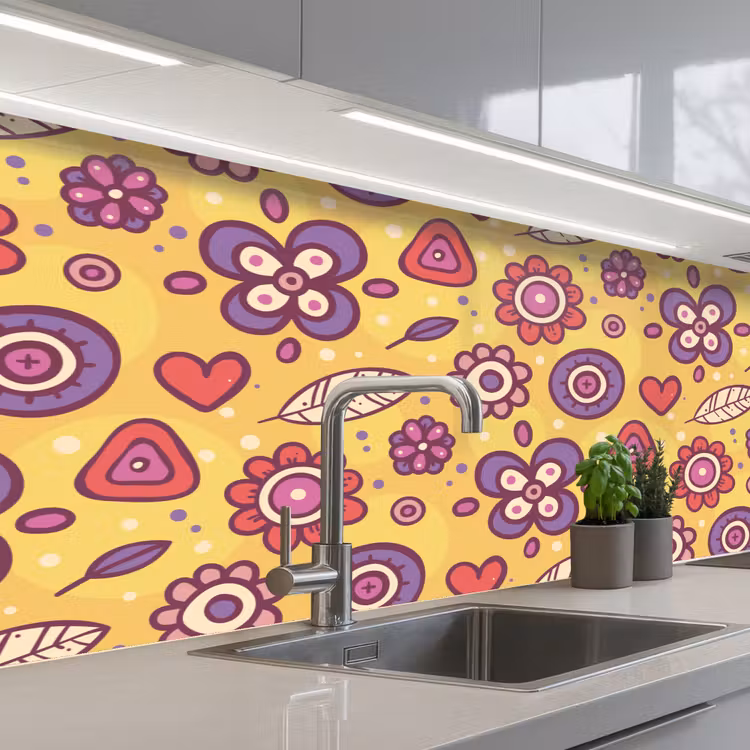 Patroon - Bloemen - Paars - Oranje keuken achterwand 2 middel 871 -3d_schuin