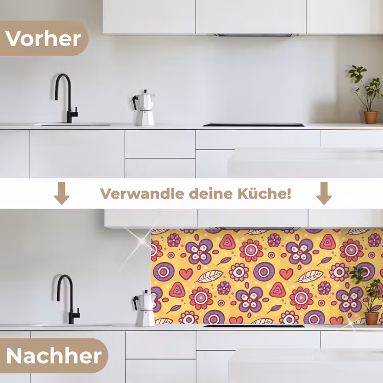 Patroon - Bloemen - Paars - Oranje keuken achterwand 2 middel 871 -voor-na_DE