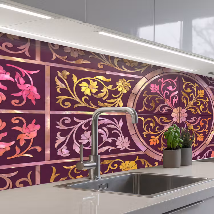 Patroon - Floraal - Oosters - Paars - Goud keuken achterwand 2 middel -3d_schuin