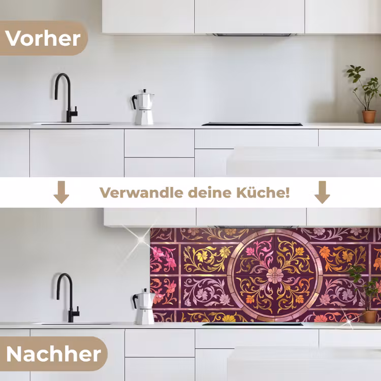 Patroon - Floraal - Oosters - Paars - Goud keuken achterwand 2 middel -voor-na_DE