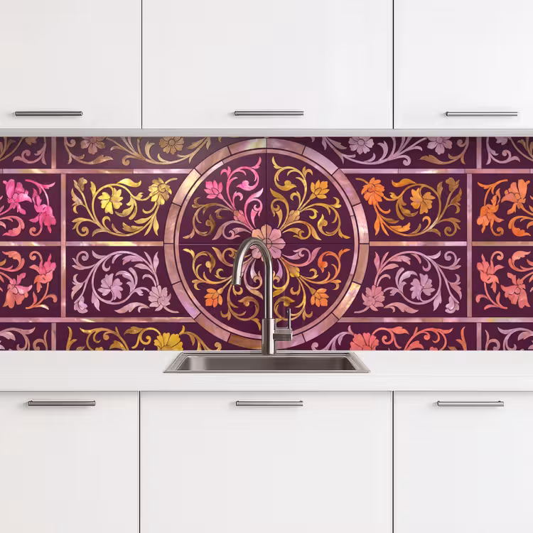 Patroon - Floraal - Oosters - Paars - Goud keuken achterwand 2 middel -3d