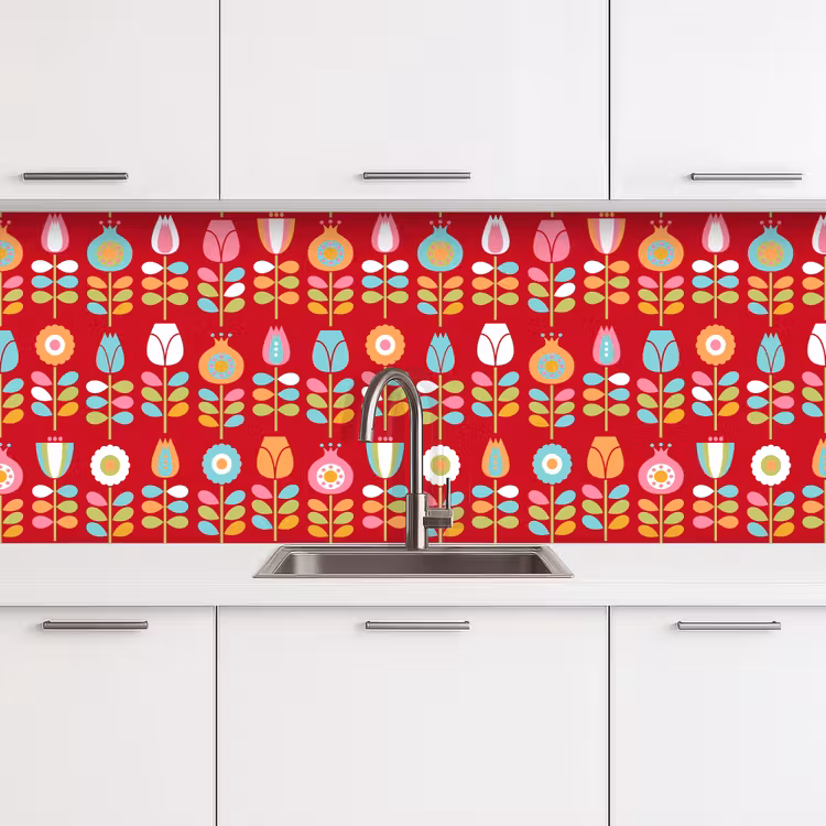 Patronen - Bloemen - Retro - Rood keuken achterwand 2 middel 871 -3d